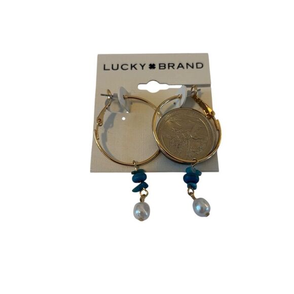 Faux Turquoise & Pearl Goldtone Hoops. Perfect for Summer. - Picture 5 of 5
